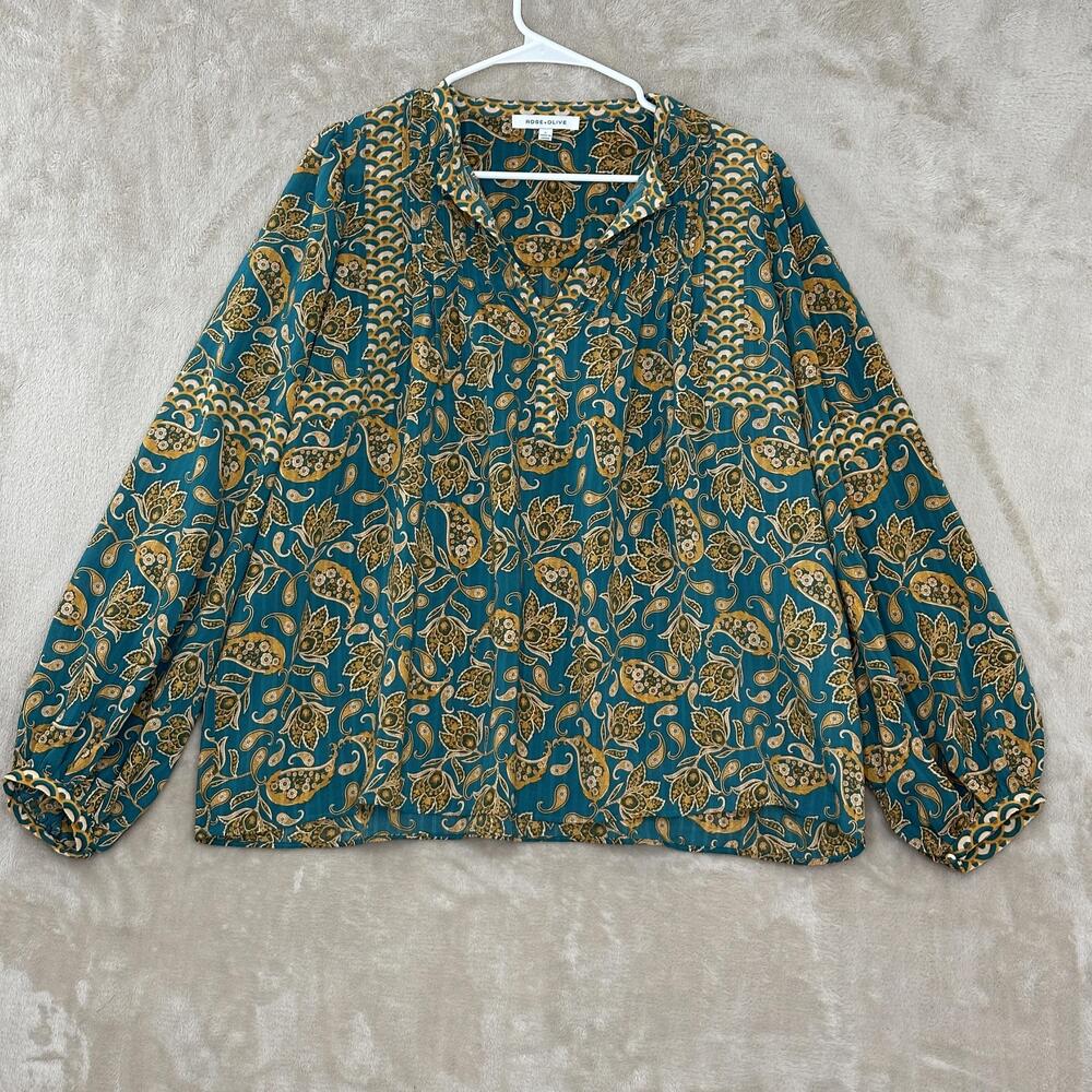 Rose+Olive Blouse Womens Large Green Paisley V Neck Balloon Sleeve Tunic Top